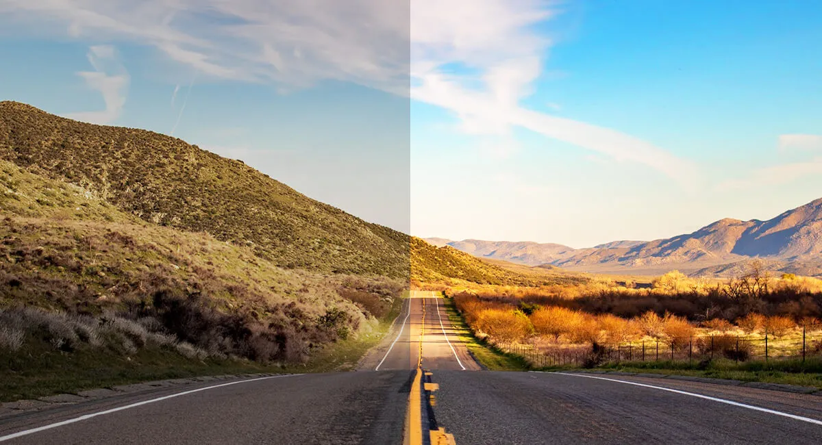 Split-view image showcasing a road through hilly terrain, contrasting dull and vibrant color schemes to highlight differences in photographic exposure and editing techniques.