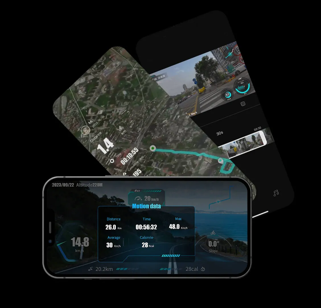 Display of the Ranger Riding Camera app features, showing GPS navigation, video playback, and motion data on a smartphone screen.