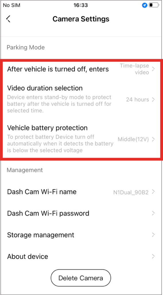 ddpai app Parking Monitoring settings