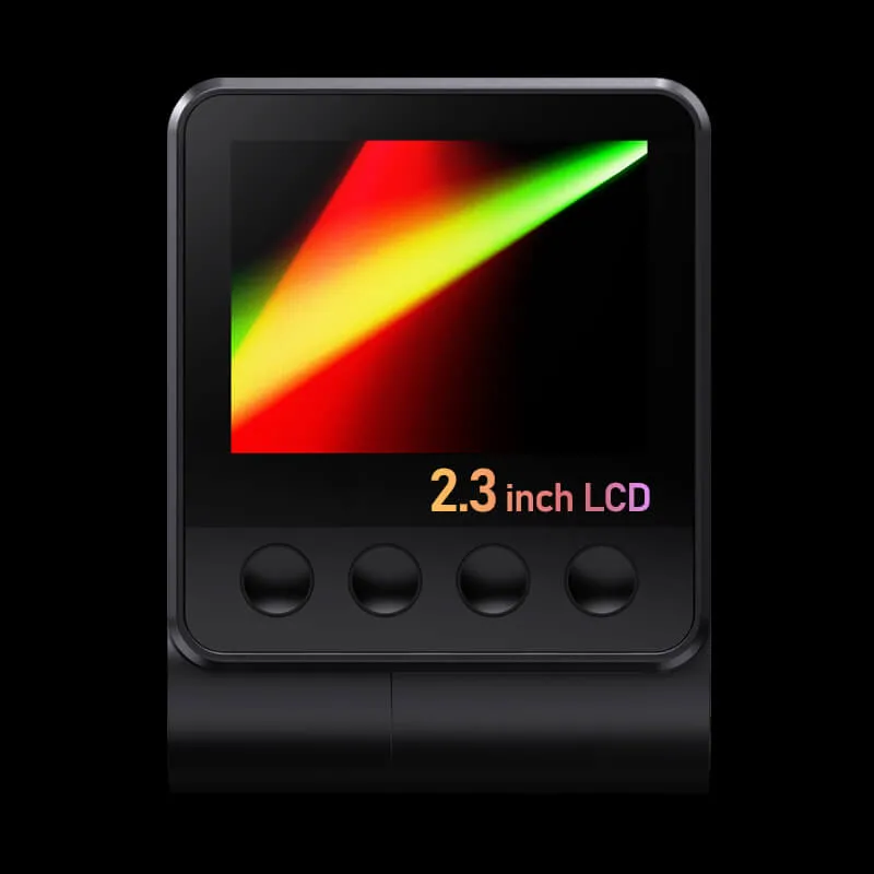 Close-up of a 2.3-inch high-resolution LCD screen on a modern dash cam.