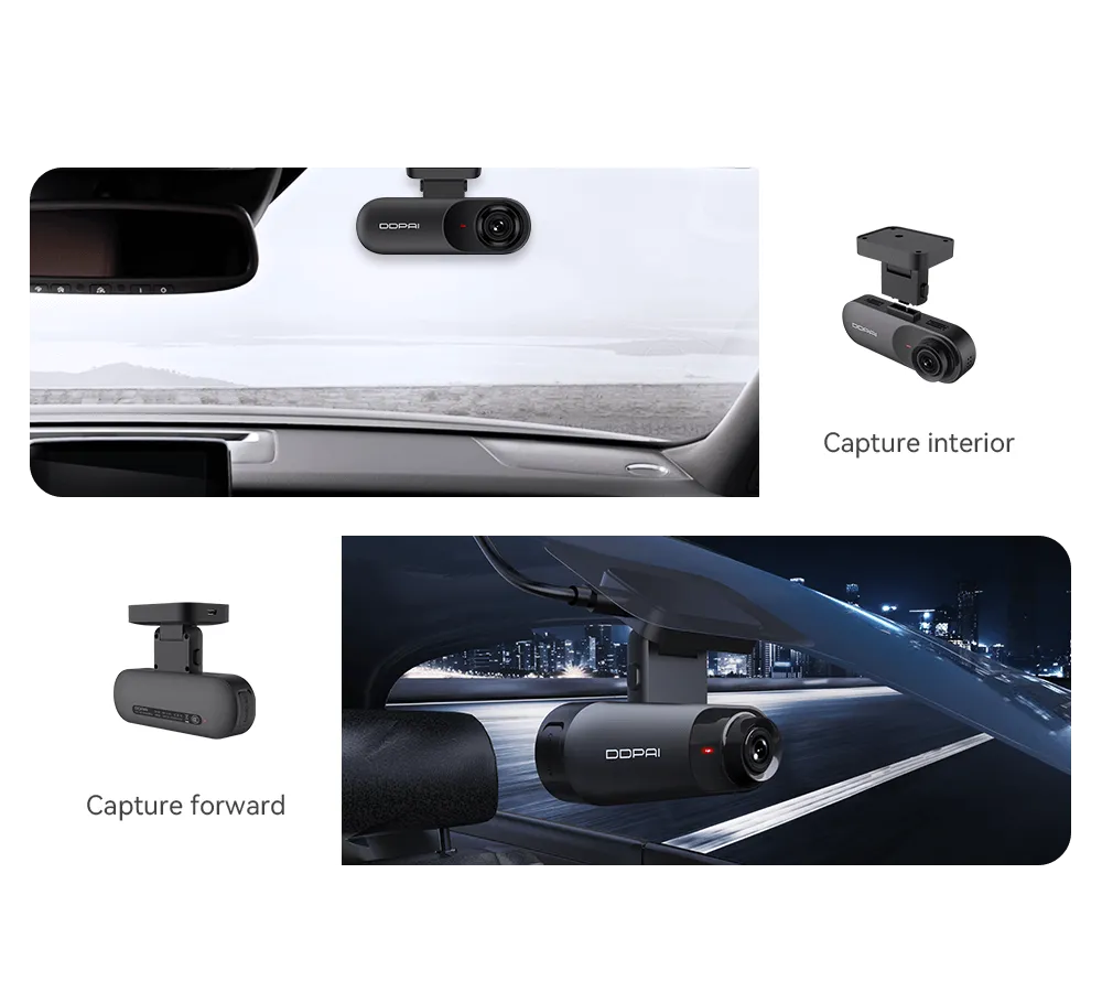 DDPAI dual dash cam setup capturing both interior and forward views of the car.